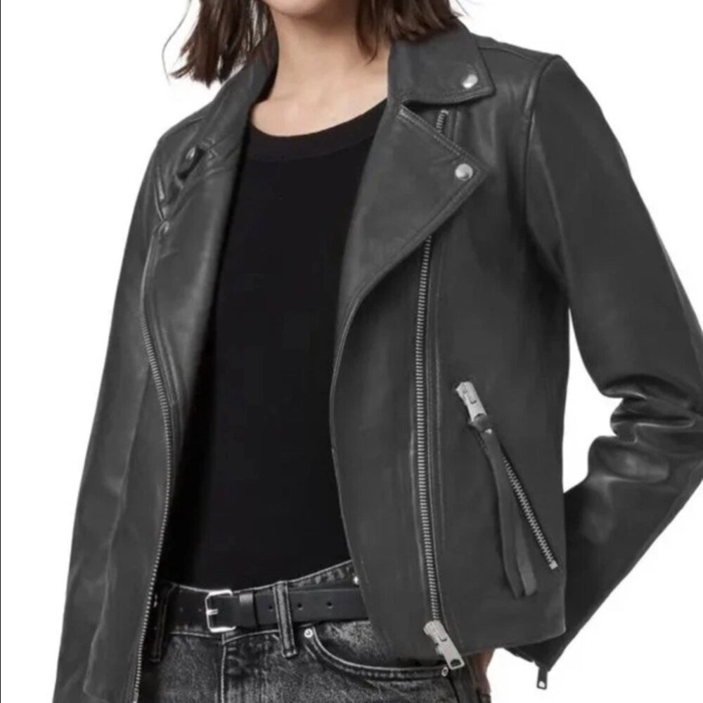 $569 NEW ALLSAINTS Dalby Leather Biker Jacket - Anthracite Grey - US 4